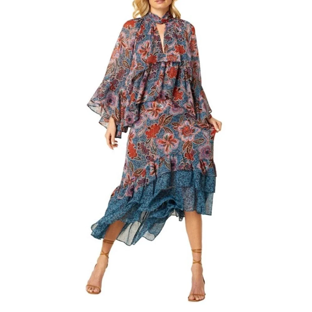 NWT MISA Los Angeles Esti Floral High-Low Midi‎ Skirt Ruffle Trim Cerulean Sz XS